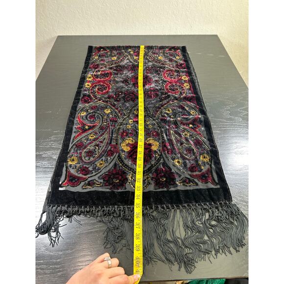 Vtg Shawl -70 x19"- Crushed Velvet Burnout- Red Black Gold fringe whimsigoth - Picture 5 of 15